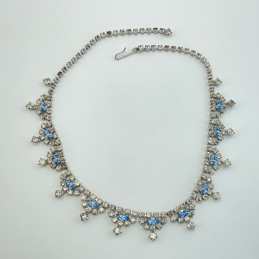 Vintage Sky Blue & Clear Rhinestone Choker Necklace, Mid Century, Prom, Bride